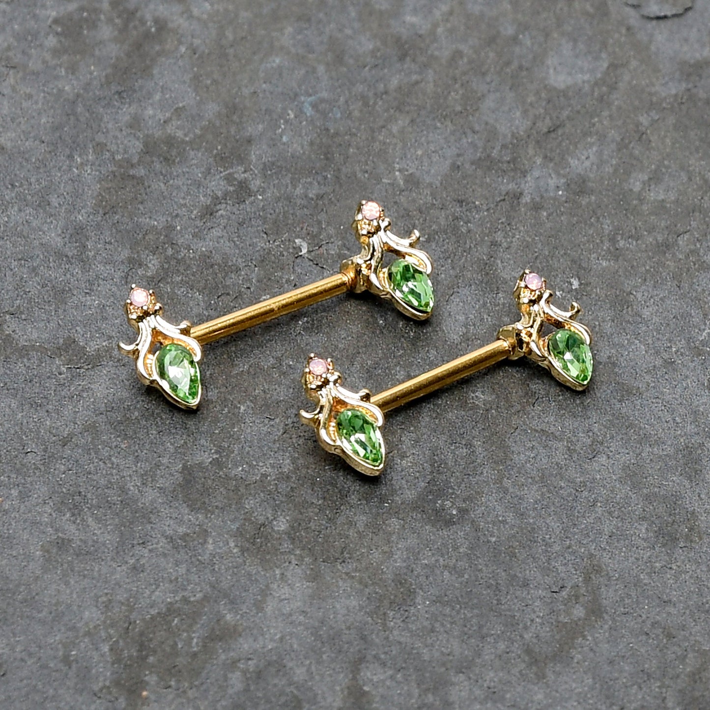 14G 9/16 Green Gem Gold Hue Spring Shades Barbell Nipple Ring Set