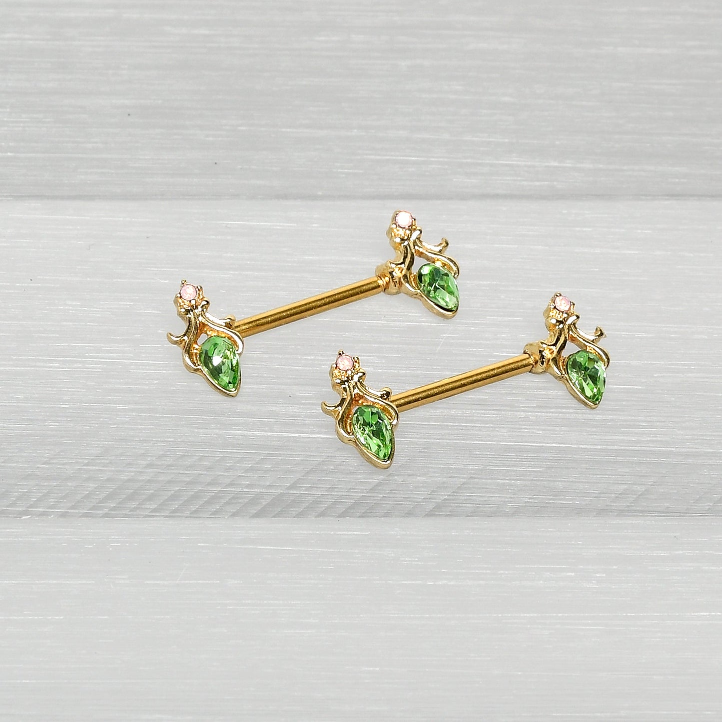14G 9/16 Green Gem Gold Hue Spring Shades Barbell Nipple Ring Set