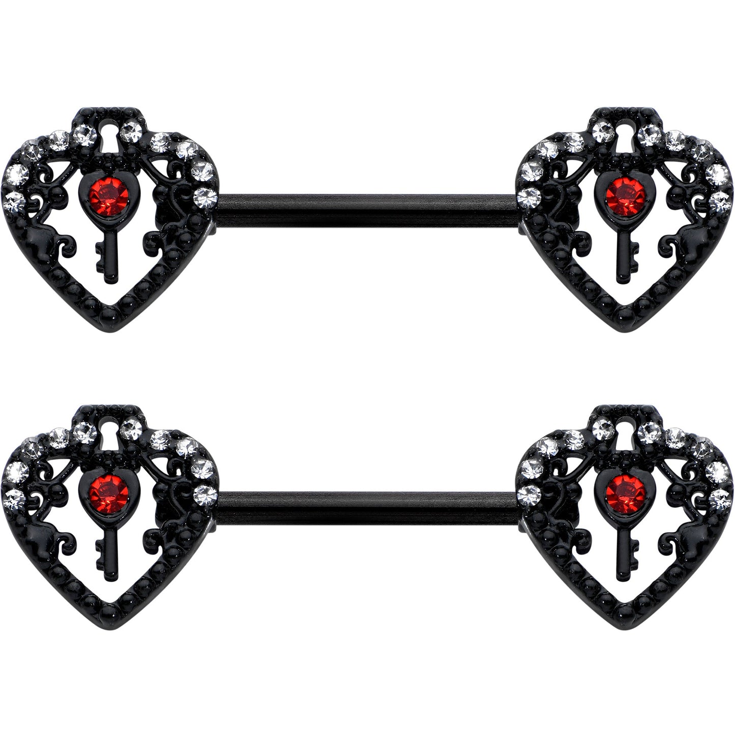 14G 9/16 Red Clear Gem Black Key Heart Barbell Nipple Ring Set