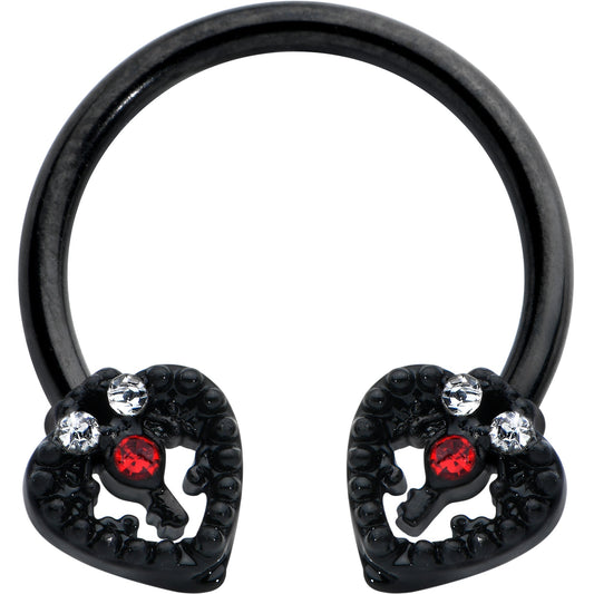 16G 3/8 Clear Red Gem Black Key Heart Horseshoe Circular Barbell