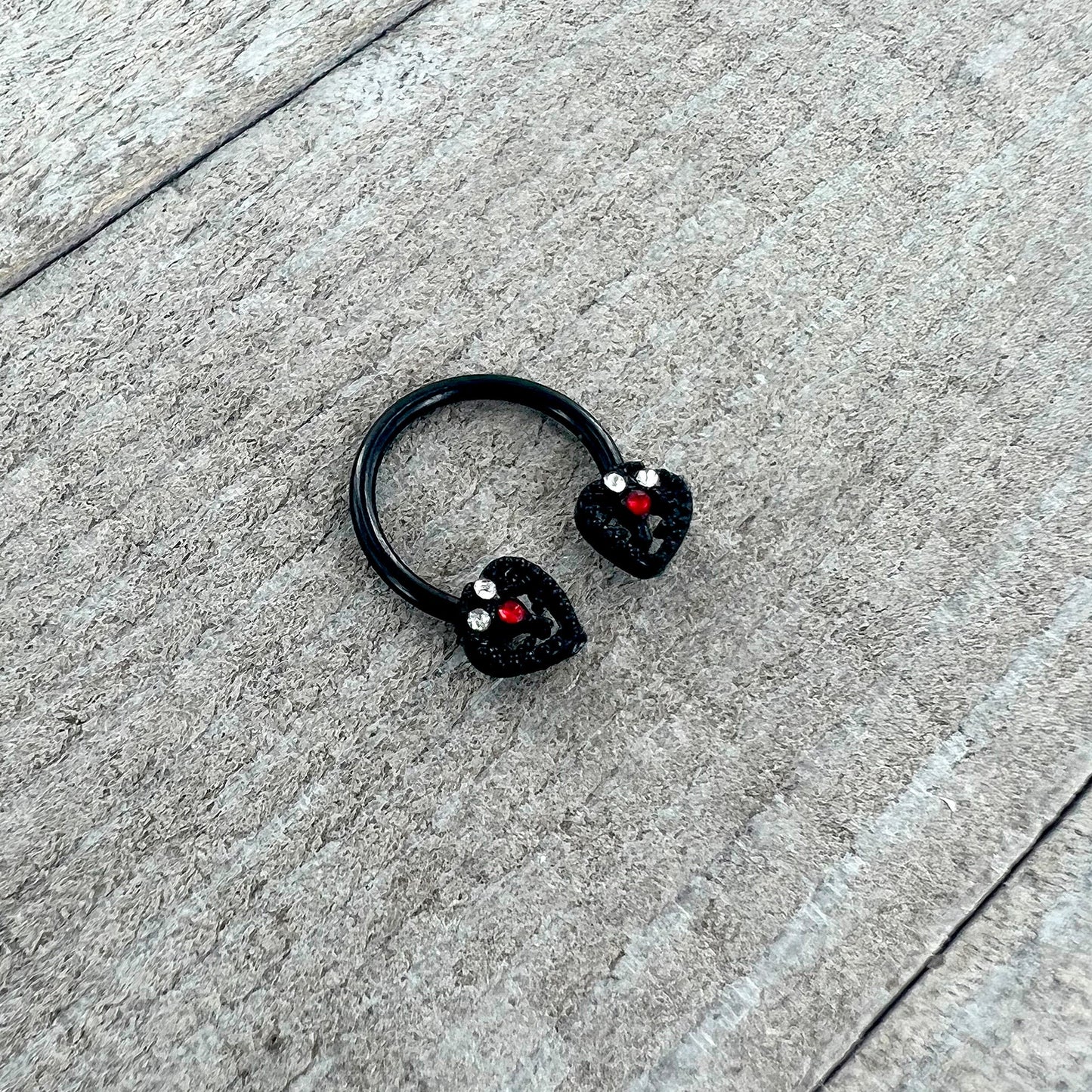 16G 3/8 Clear Red Gem Black Key Heart Horseshoe Circular Barbell