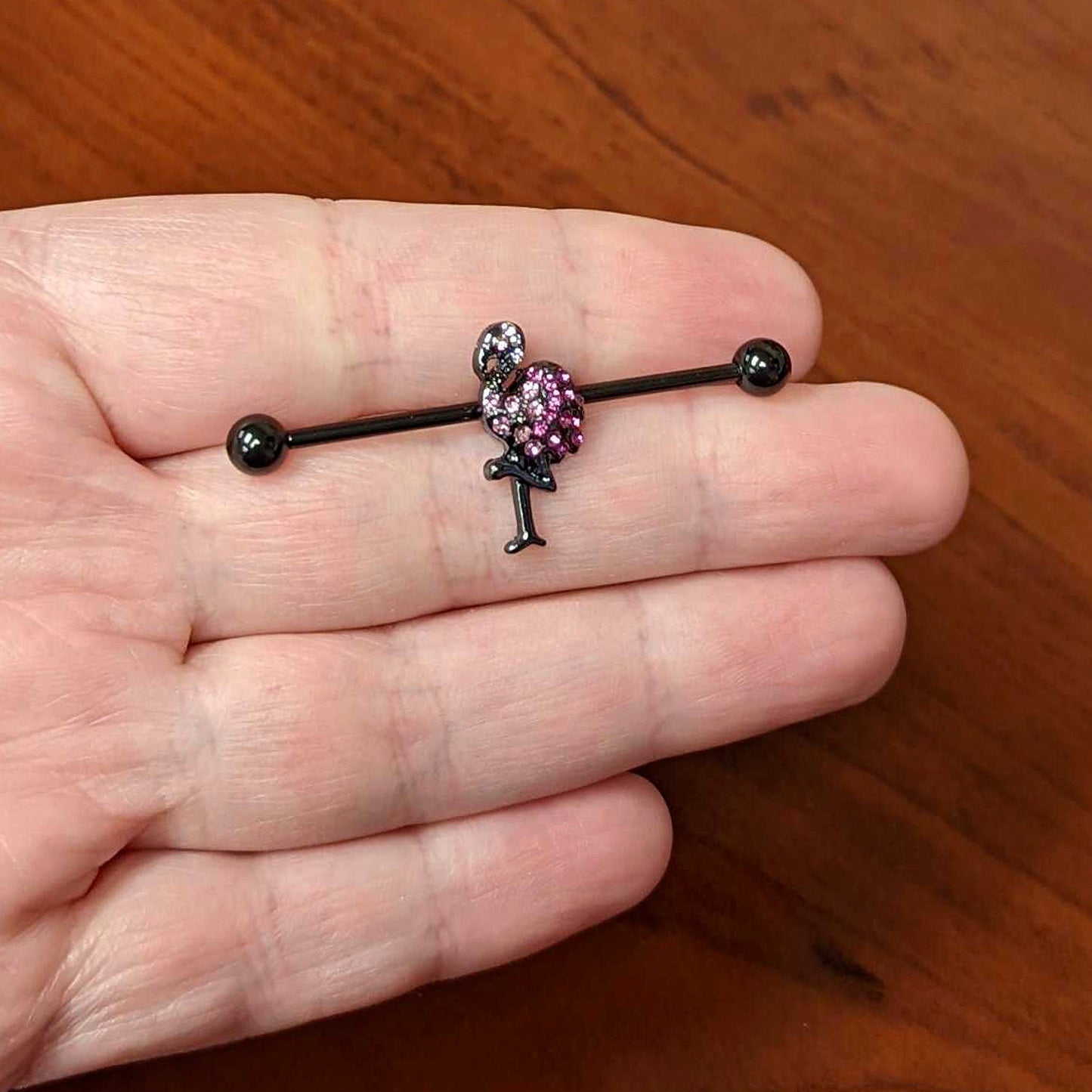14G Pink Gem Black Fashion Flamingo Industrial Barbell 38mm