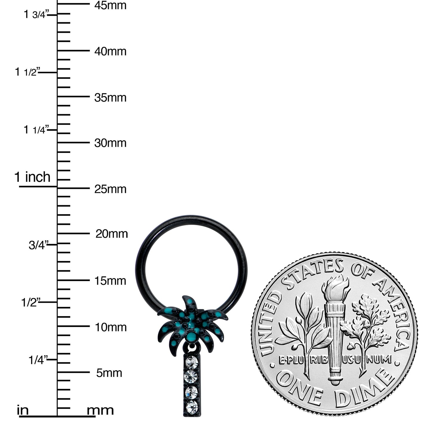 16G 3/8 Clear Gem Black Night Palm Tree Dangle BCR Captive Ring