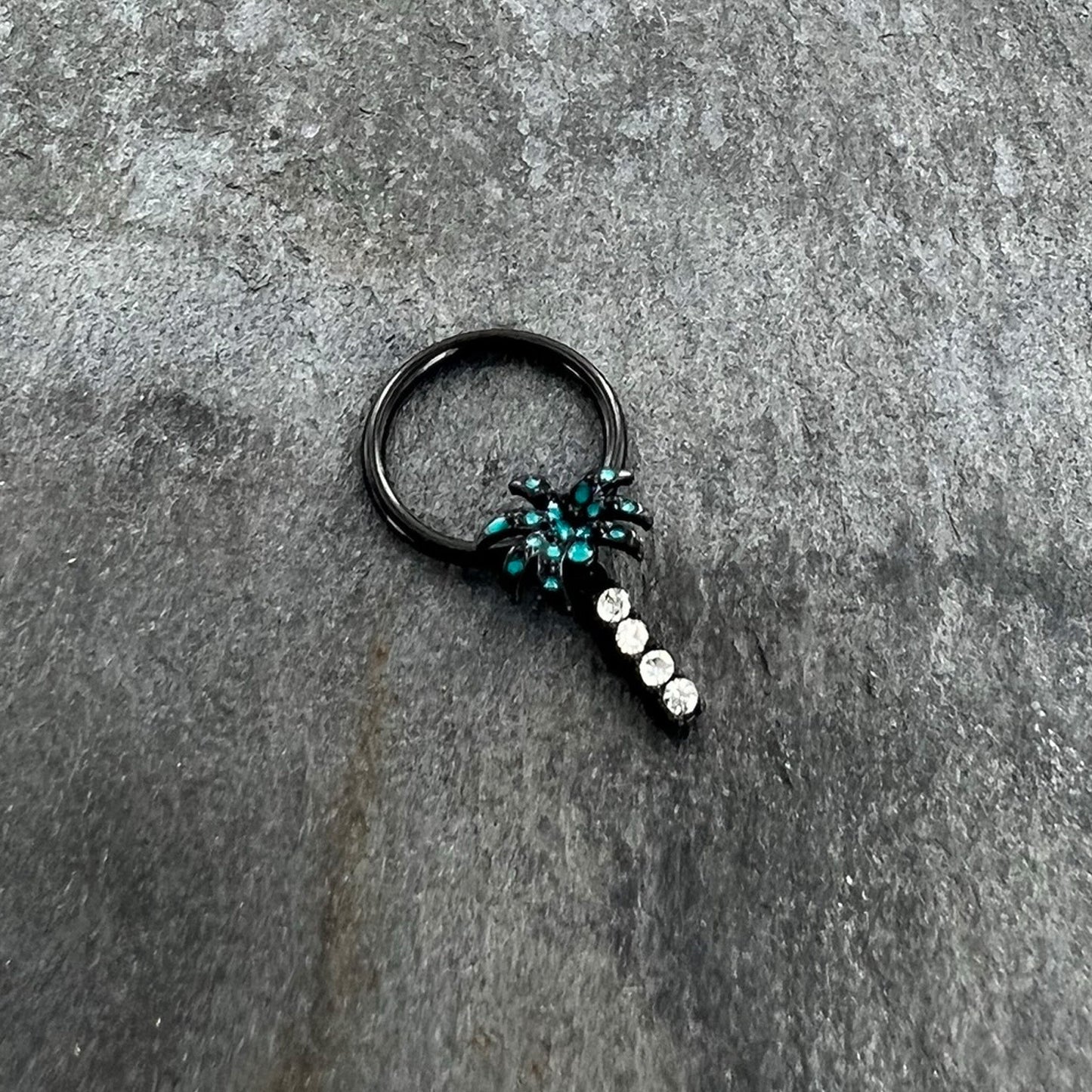 16G 3/8 Clear Gem Black Night Palm Tree Dangle BCR Captive Ring