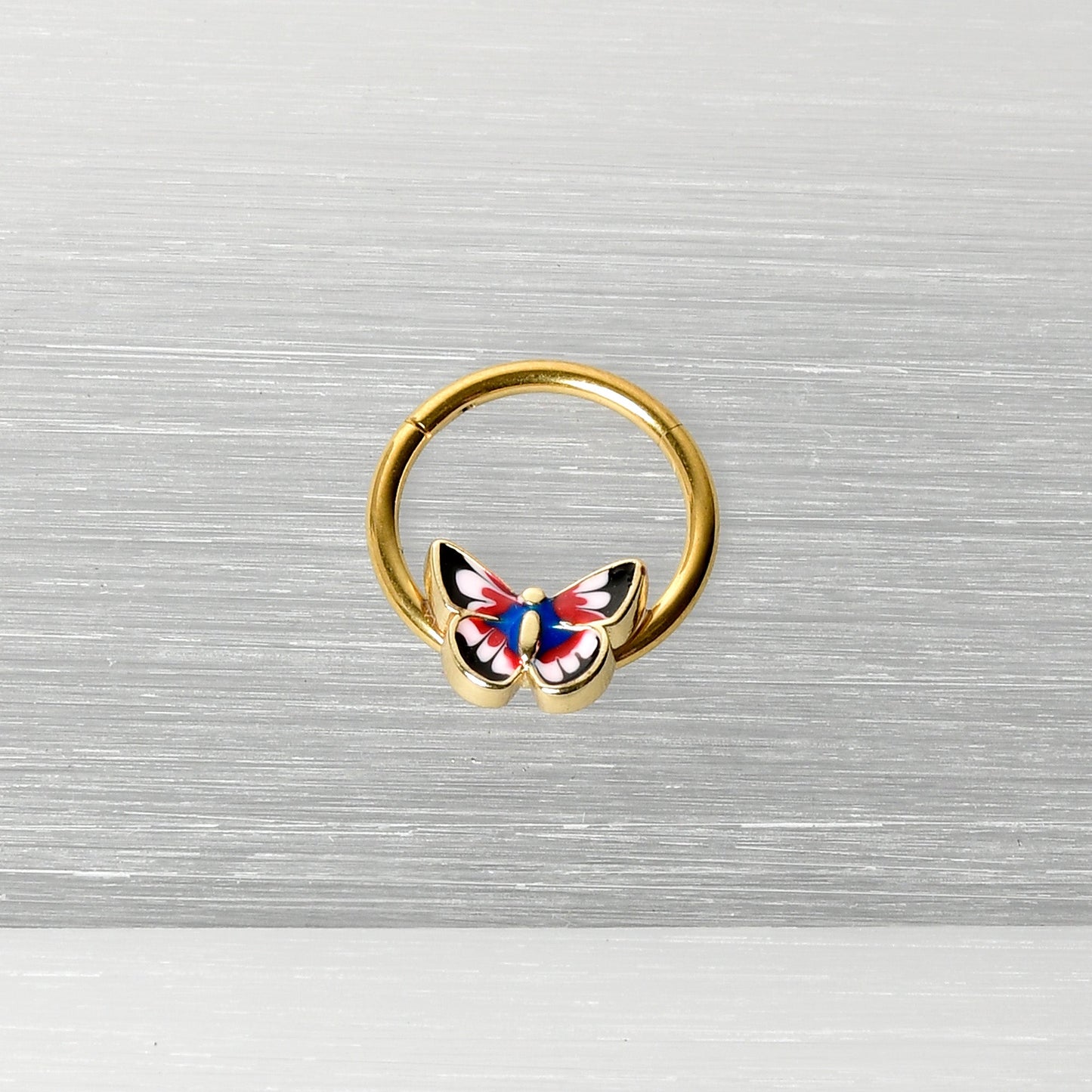 16G 3/8 Gold Tone Red Pink Blue Butterfly Hinged Segment Ring