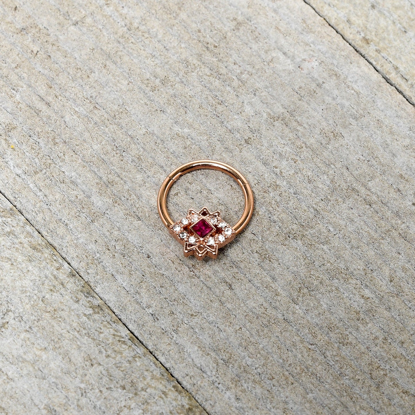16G 3/8 Red Gem Rose Gold Tone Octogram Star Hinged Circular Ring