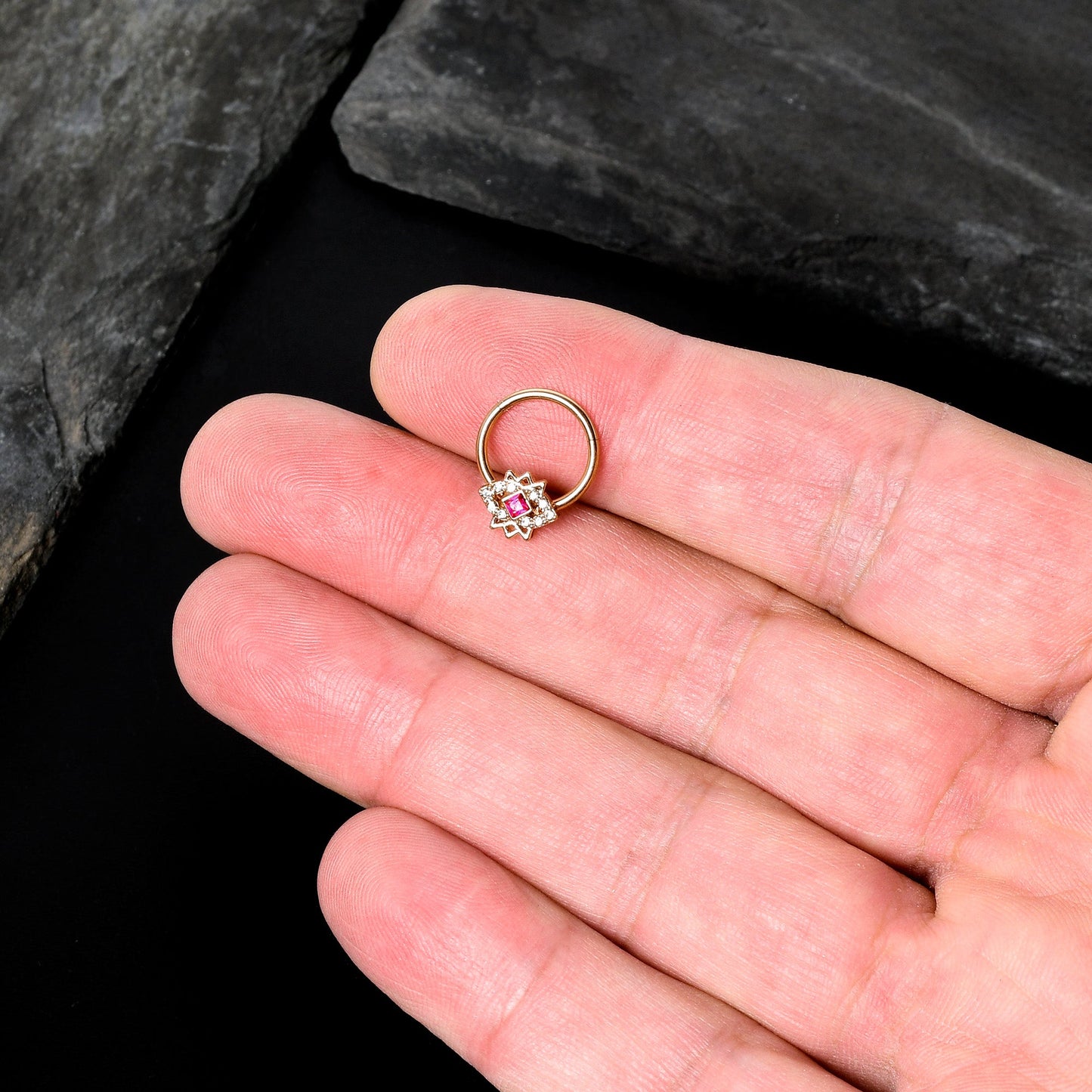 16G 3/8 Red Gem Rose Gold Tone Octogram Star Hinged Circular Ring