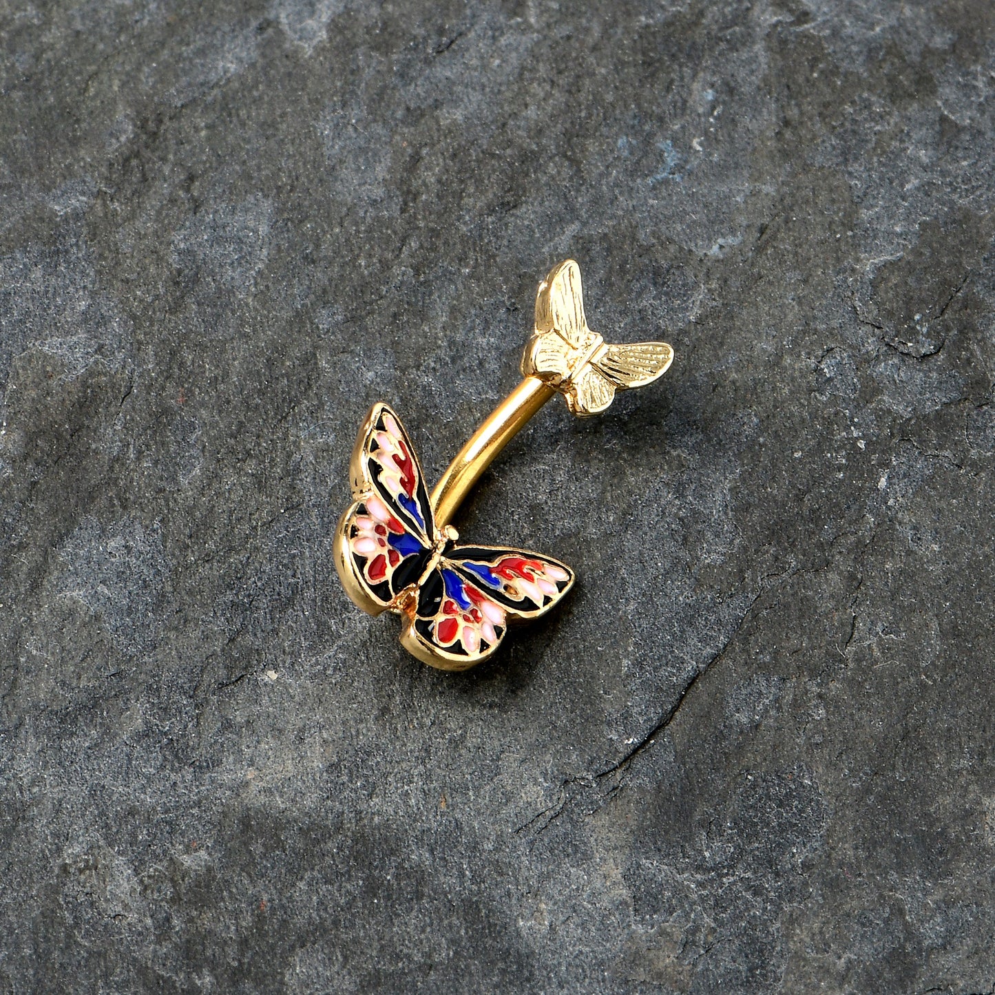 Gold Tone Colorful Butterfly Pair Red Blue Double Mount Belly Ring