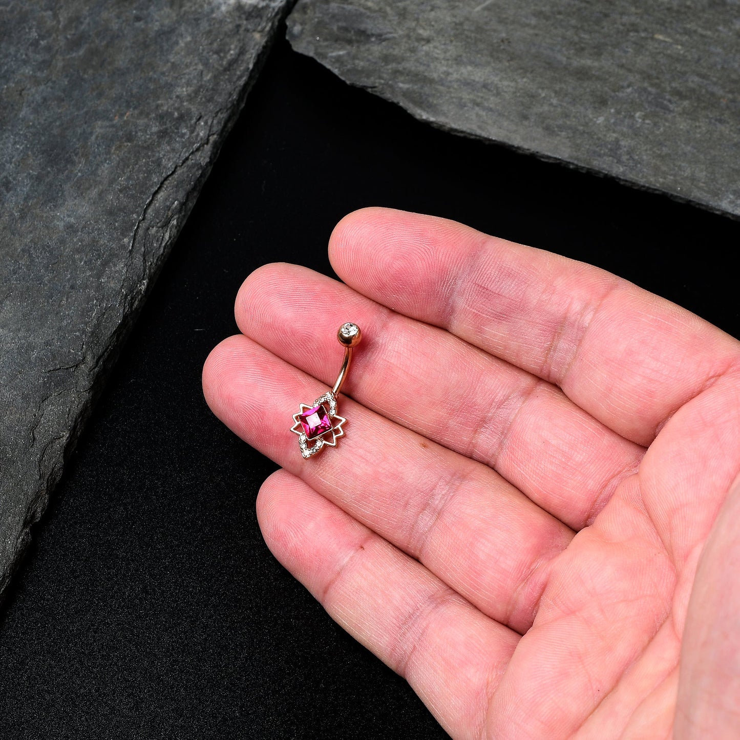 Clear Red Gem Rose Gold Tone Octagram Star Belly Ring