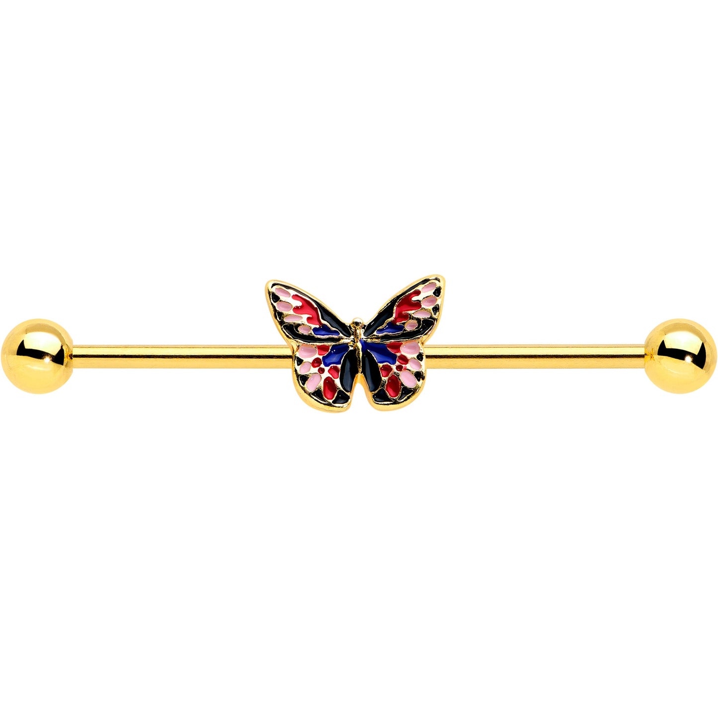 14G Gold Tone Red Blue Pink Butterfly Industrial Barbell 38mm