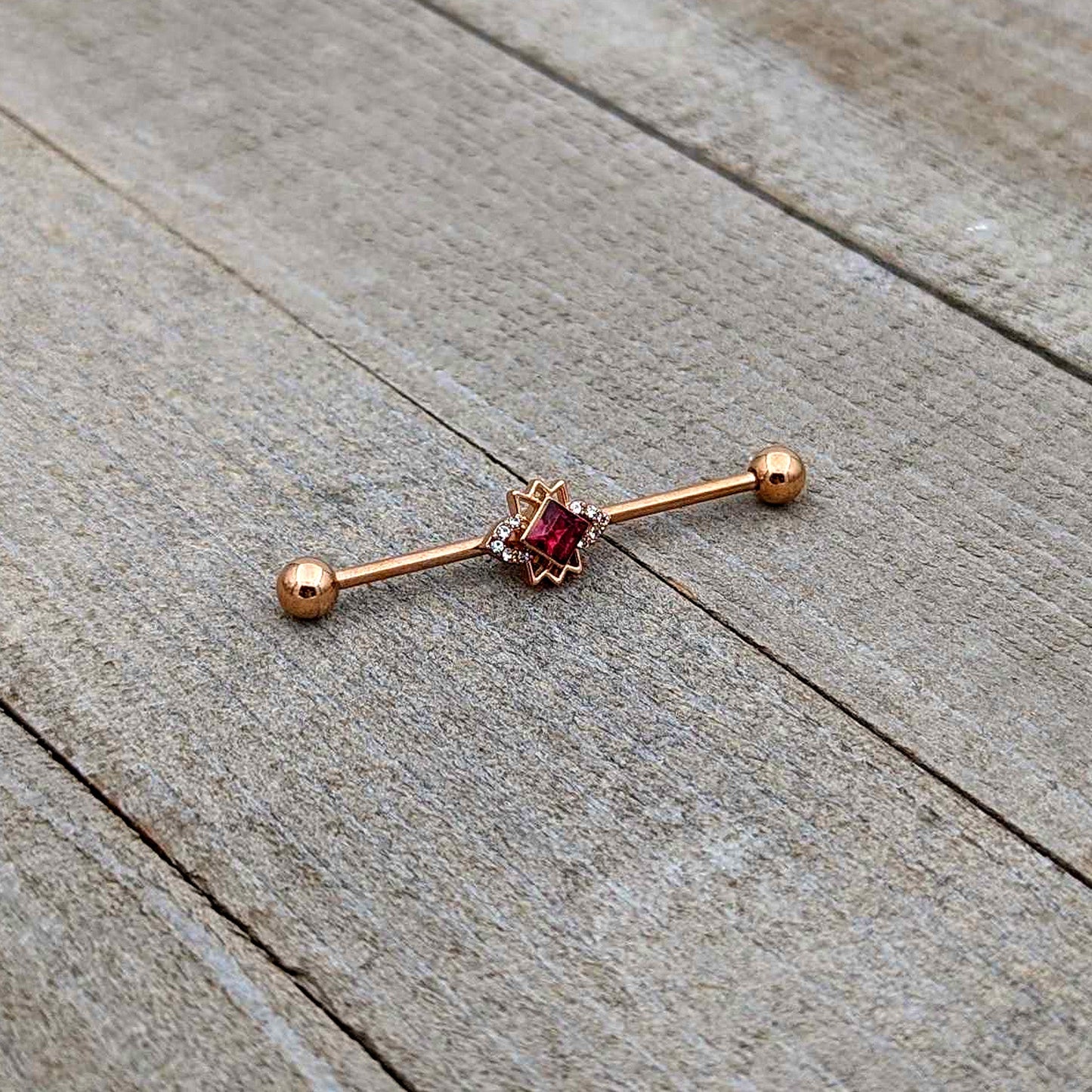 14G Red Gem Rose Gold Tone Octogram Star Industrial Barbell 38mm