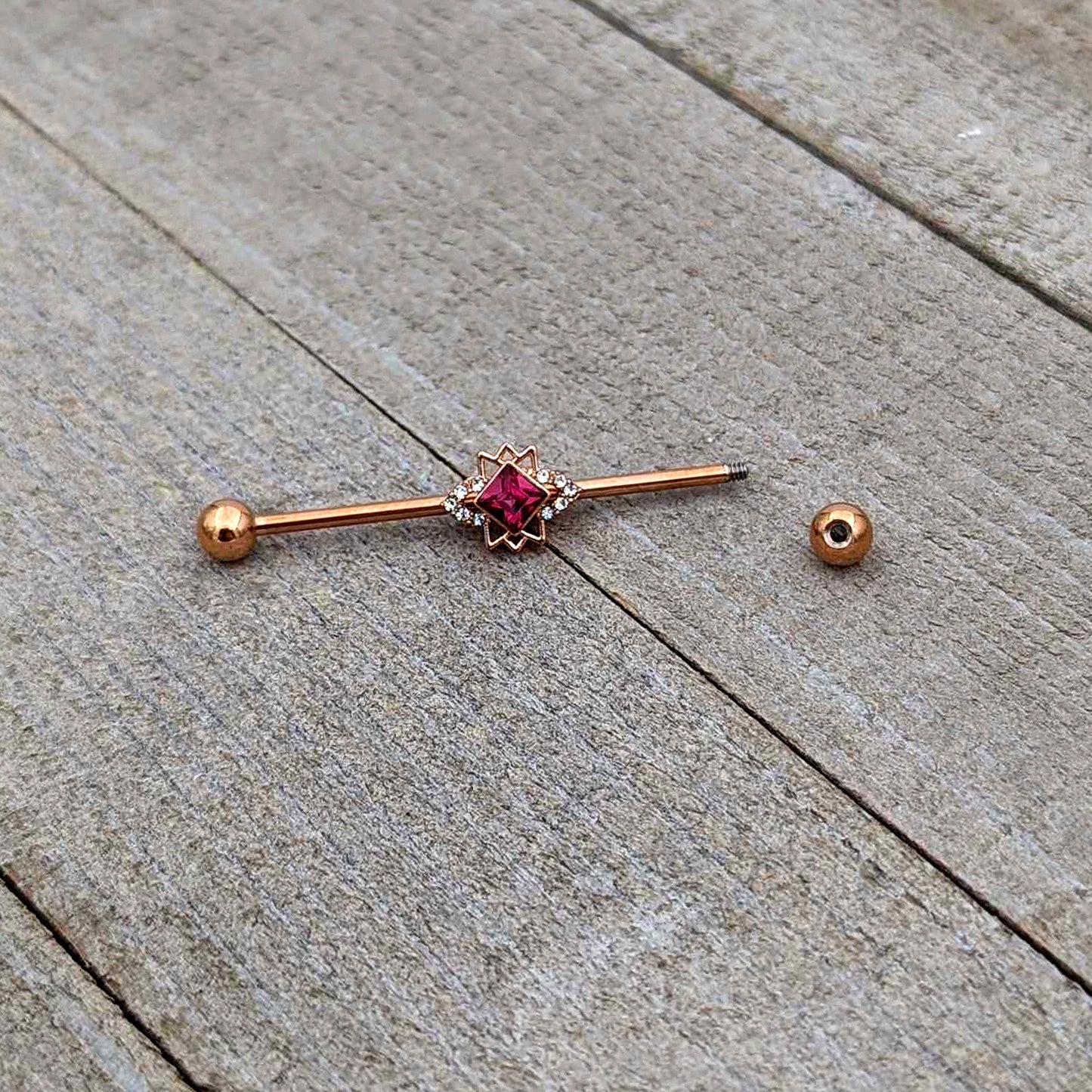 14G Red Gem Rose Gold Tone Octogram Star Industrial Barbell 38mm