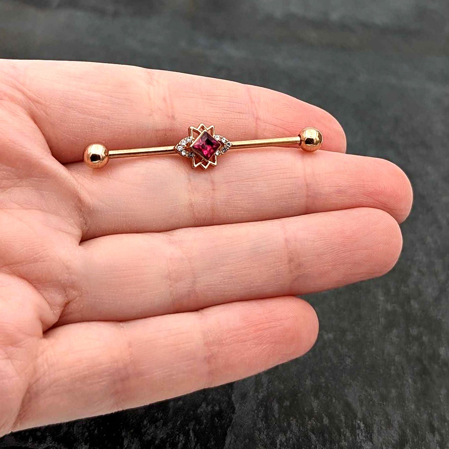 14G Red Gem Rose Gold Tone Octogram Star Industrial Barbell 38mm