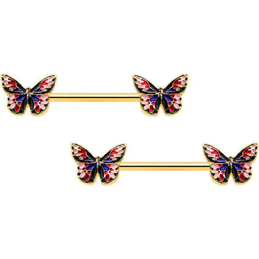 14G 5/8 Gold Tone Pink Blue Red Butterfly Barbell Nipple Ring Set