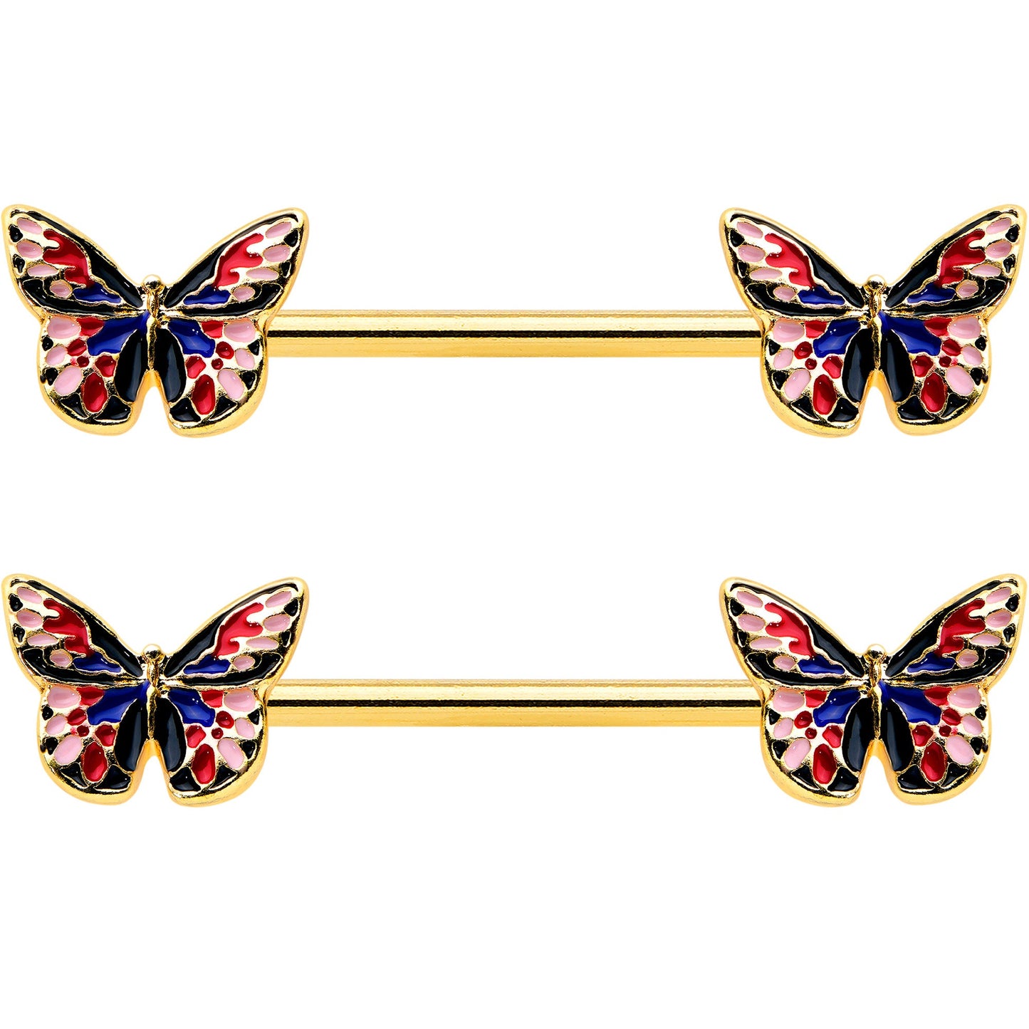 14G 5/8 Gold Tone Pink Blue Red Butterfly Barbell Nipple Ring Set
