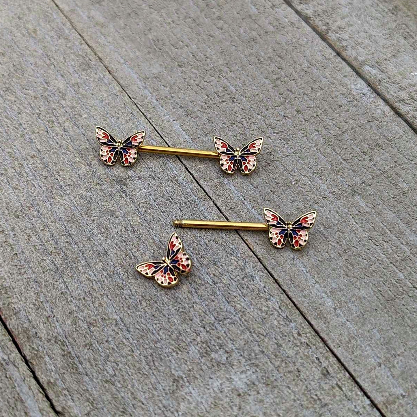 14G 5/8 Gold Tone Pink Blue Red Butterfly Barbell Nipple Ring Set