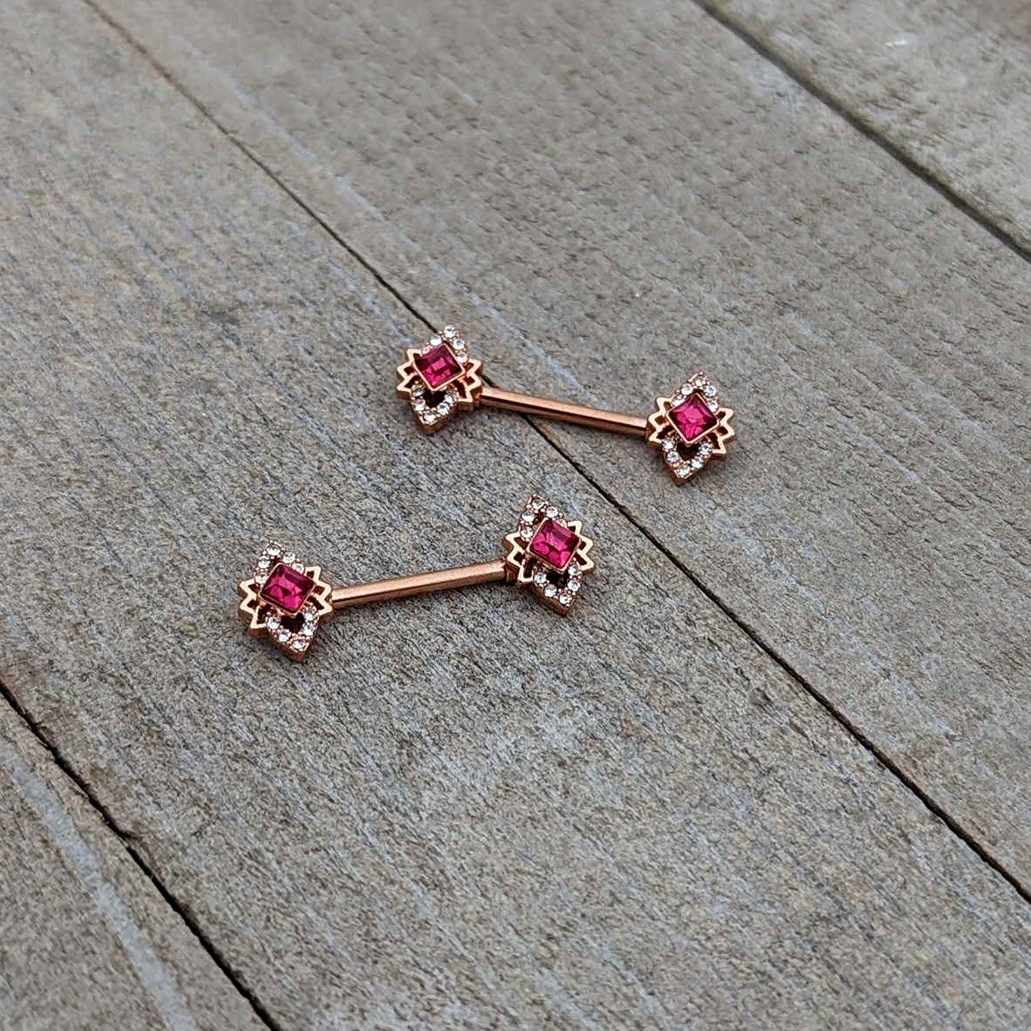 14G 9/16 Red Gem Rosy Tone Octogram Star Barbell Nipple Ring Set