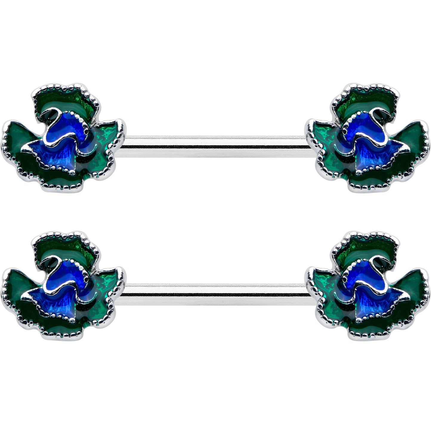 14G 9/16 Spring Flower Blue Green Barbell Nipple Ring Set