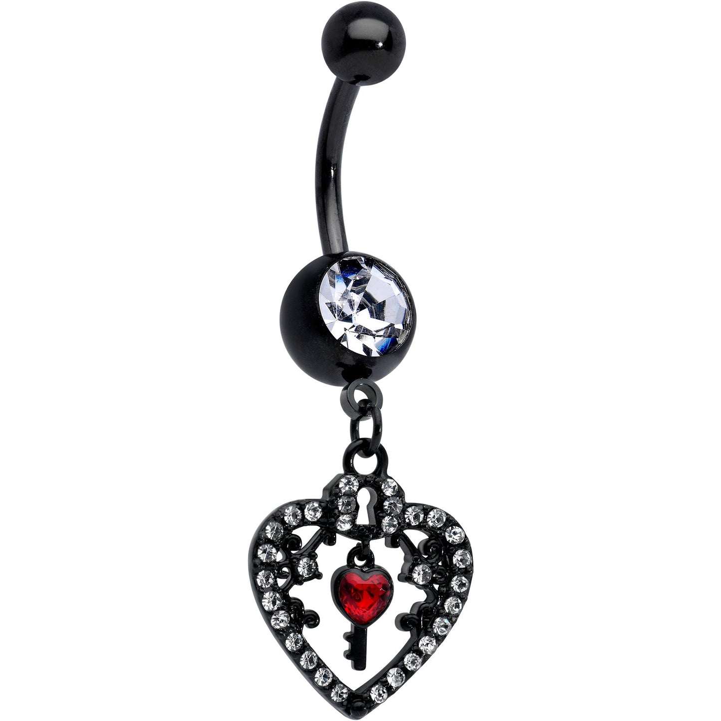 Clear Red Gem Black Heart Key Valentines Dangle Belly Ring