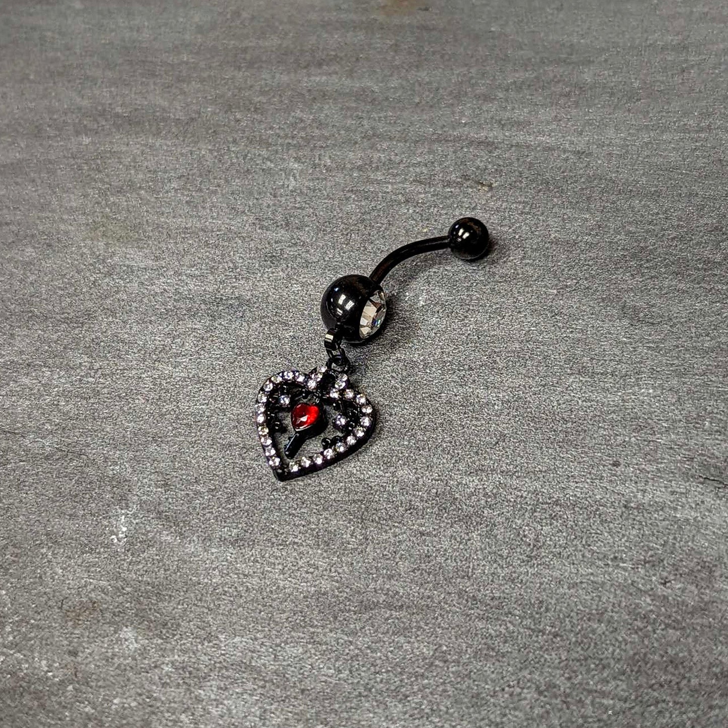 Clear Red Gem Black Heart Key Valentines Dangle Belly Ring