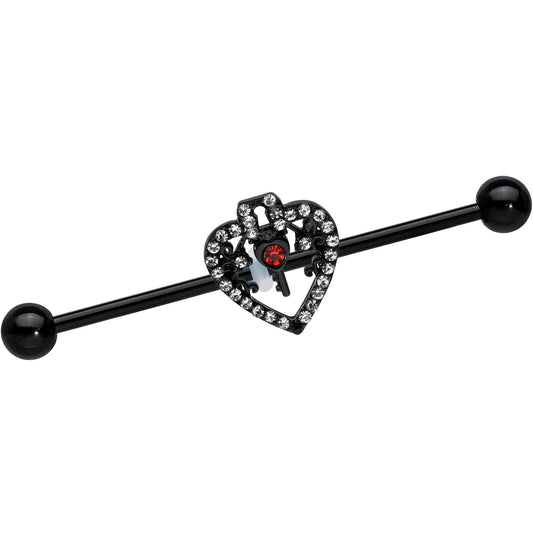 14G Clear Red Gem Black Key Heart Industrial Barbell 38mm