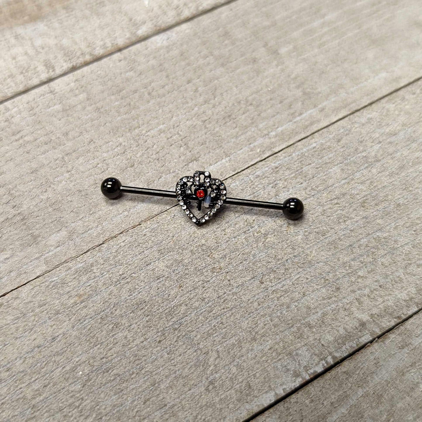 14G Clear Red Gem Black Key Heart Industrial Barbell 38mm