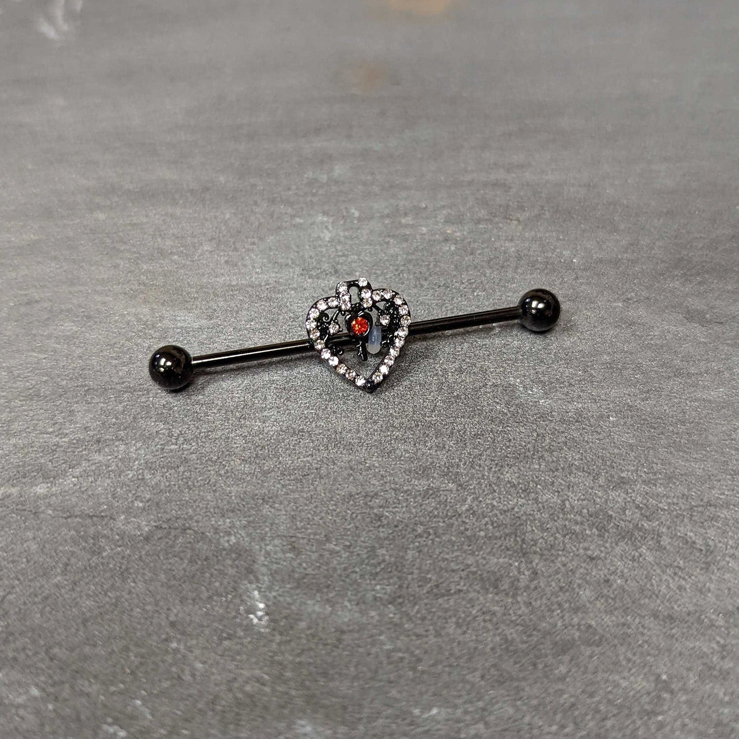 14G Clear Red Gem Black Key Heart Industrial Barbell 38mm