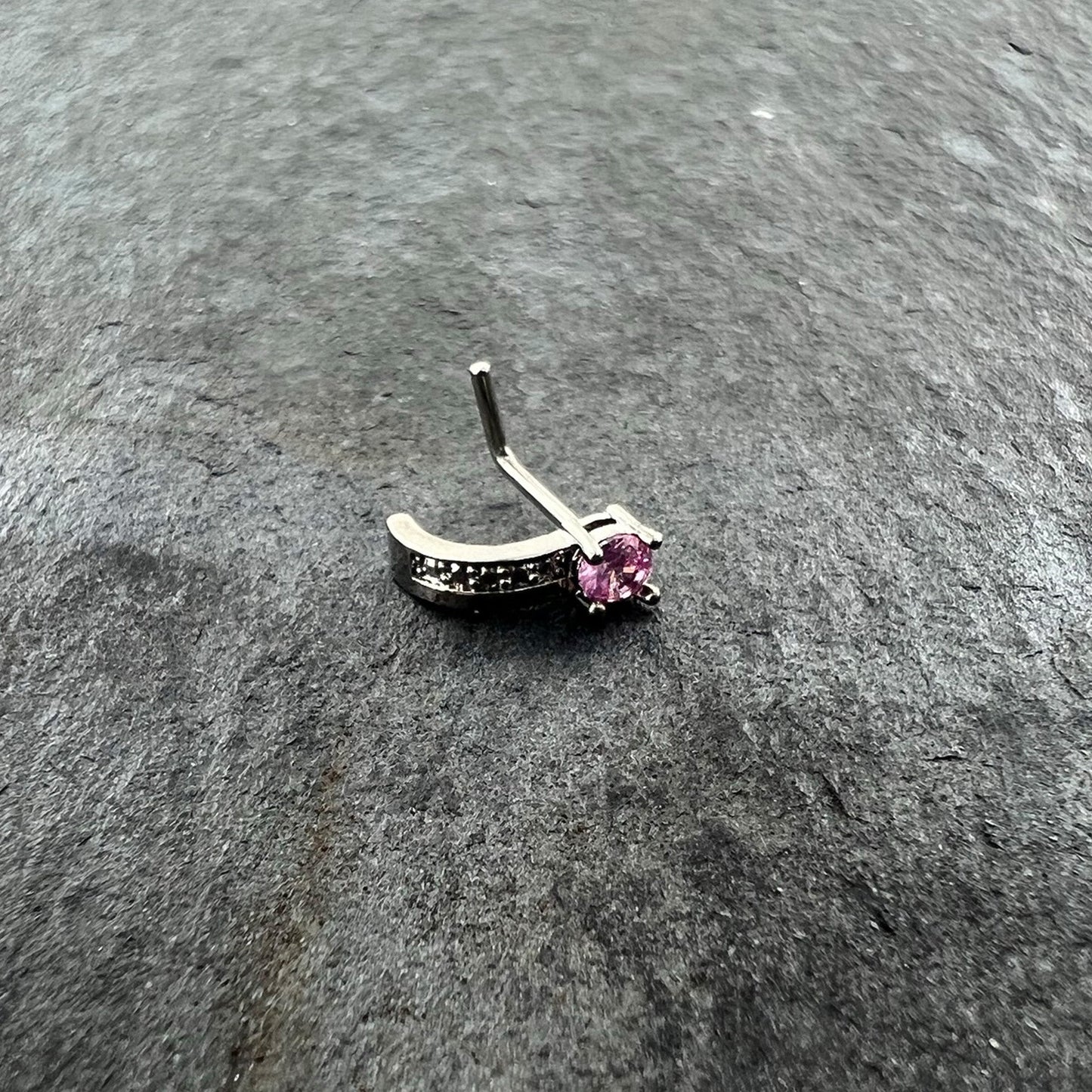 20G 1/4 Pink Gem Texture Glam Faux Hoop L Shape Nose Ring
