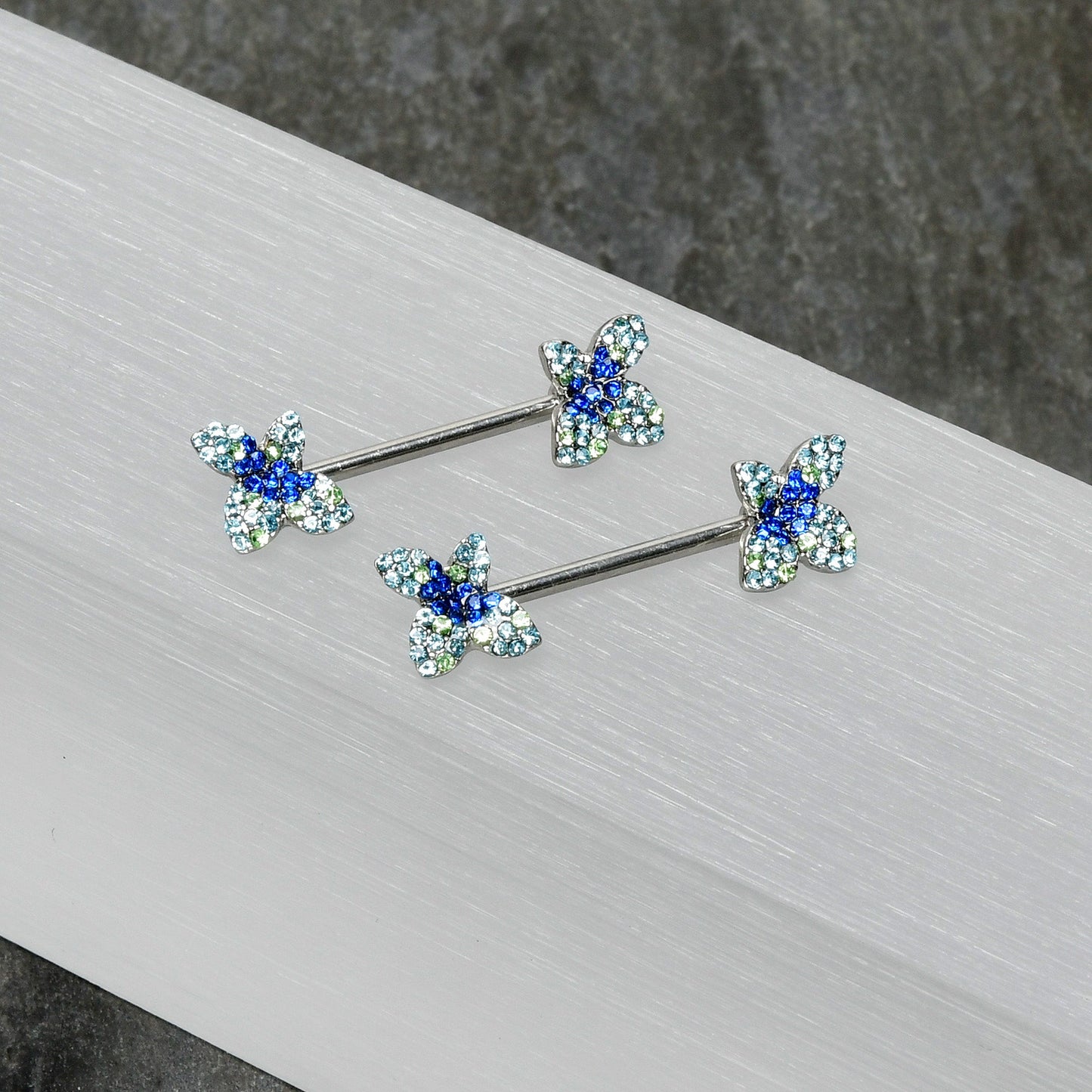 14G 9/16 Blue Gem Glamour Butterfly Barbell Nipple Ring Set