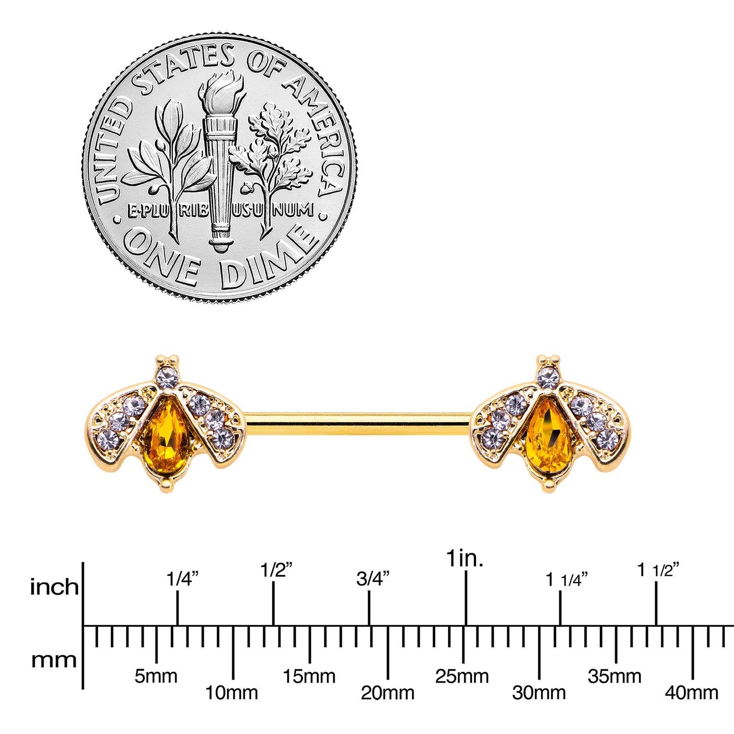 14G 9/16 Yellow Gem Gold Tone Fashion Bug Barbell Nipple Ring Set