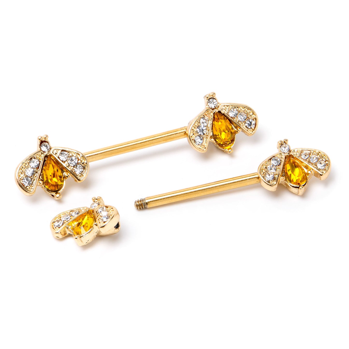14G 9/16 Yellow Gem Gold Tone Fashion Bug Barbell Nipple Ring Set