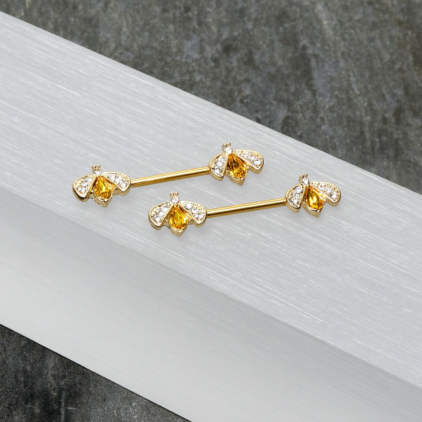 14G 9/16 Yellow Gem Gold Tone Fashion Bug Barbell Nipple Ring Set