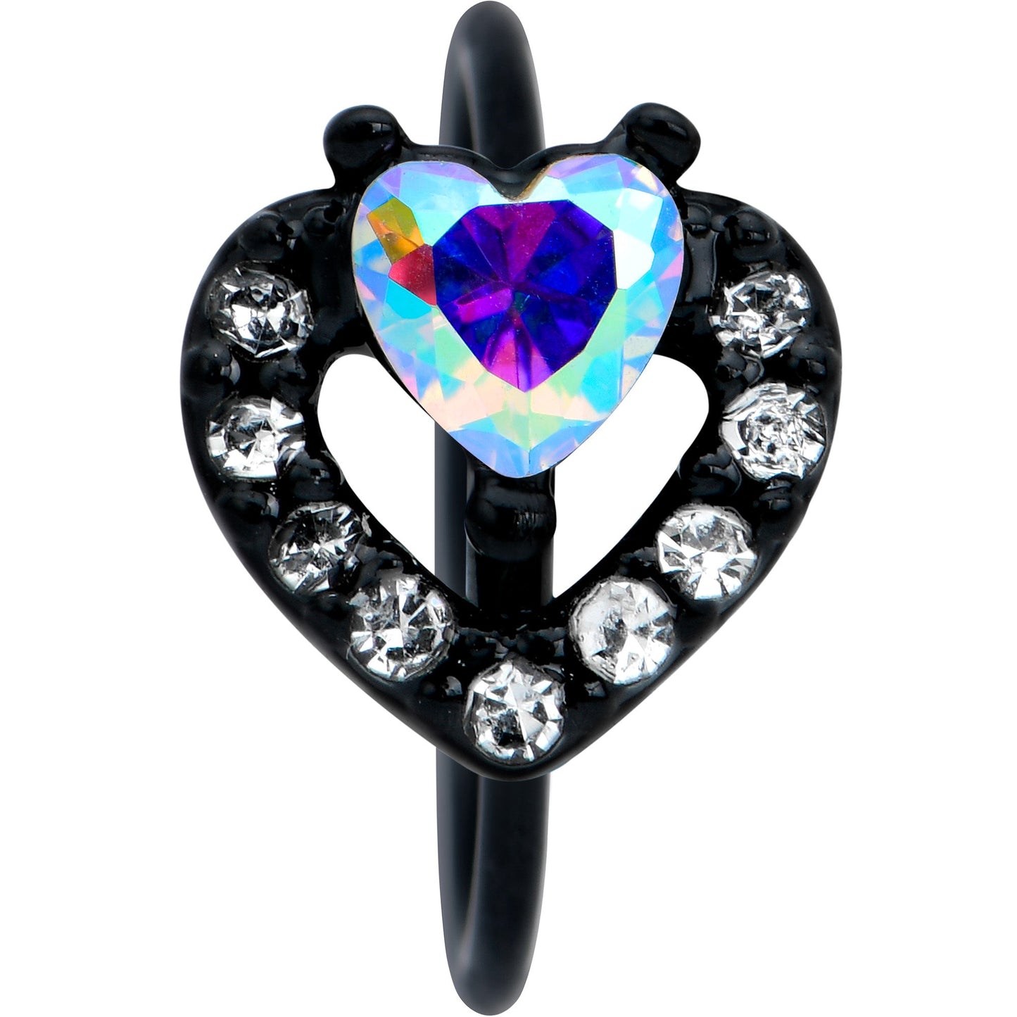 20G 5/16 Aurora Clear Gem Black Rococo Hearts Nose Hoop