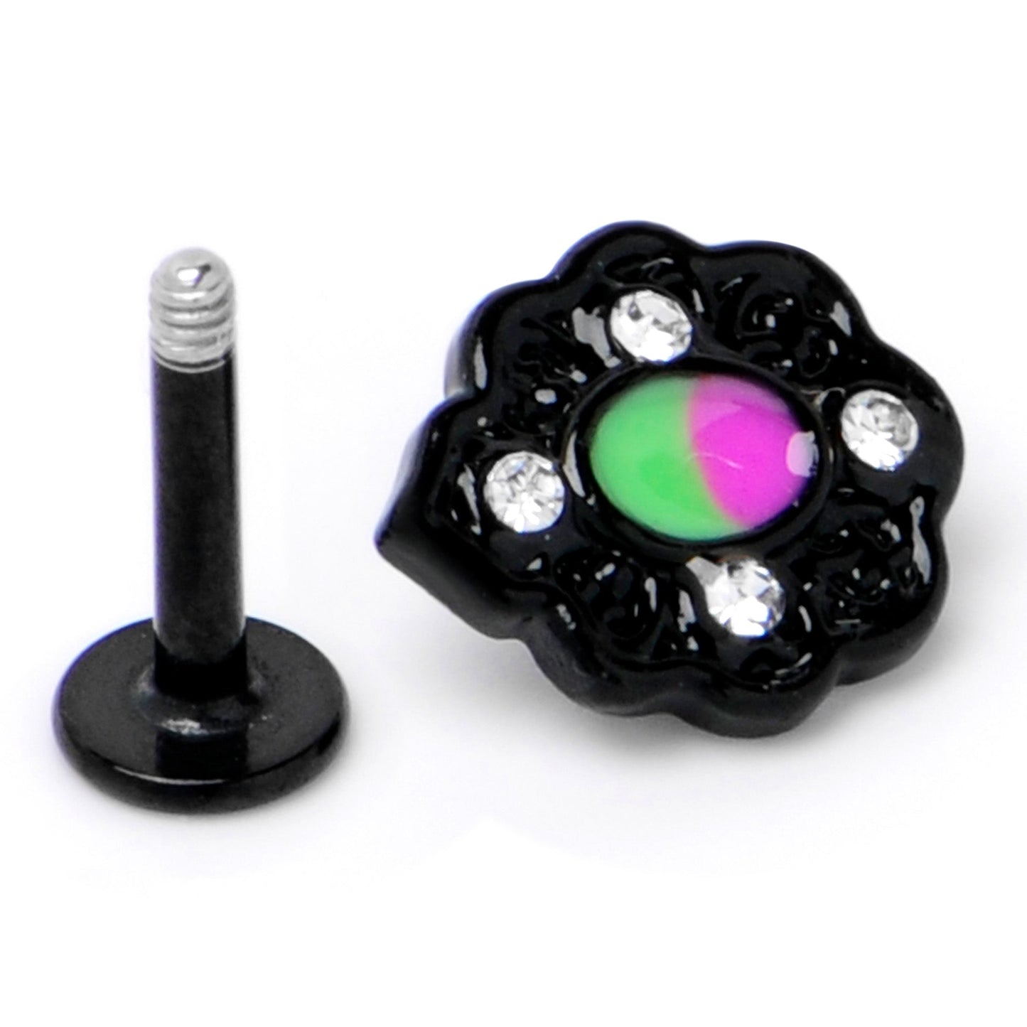 16G 1/4 CZ Faux Tourmaline Black Lacy Drop Labret