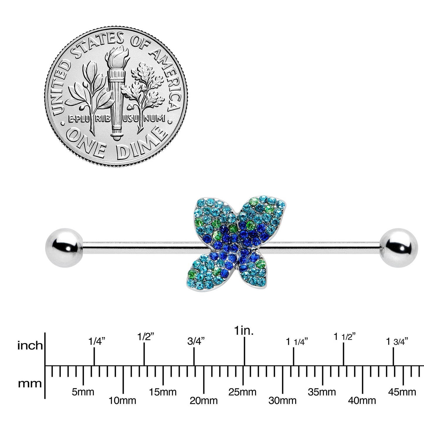 14G Blue Green Gem Glam Butterfly Industrial Barbell 38mm