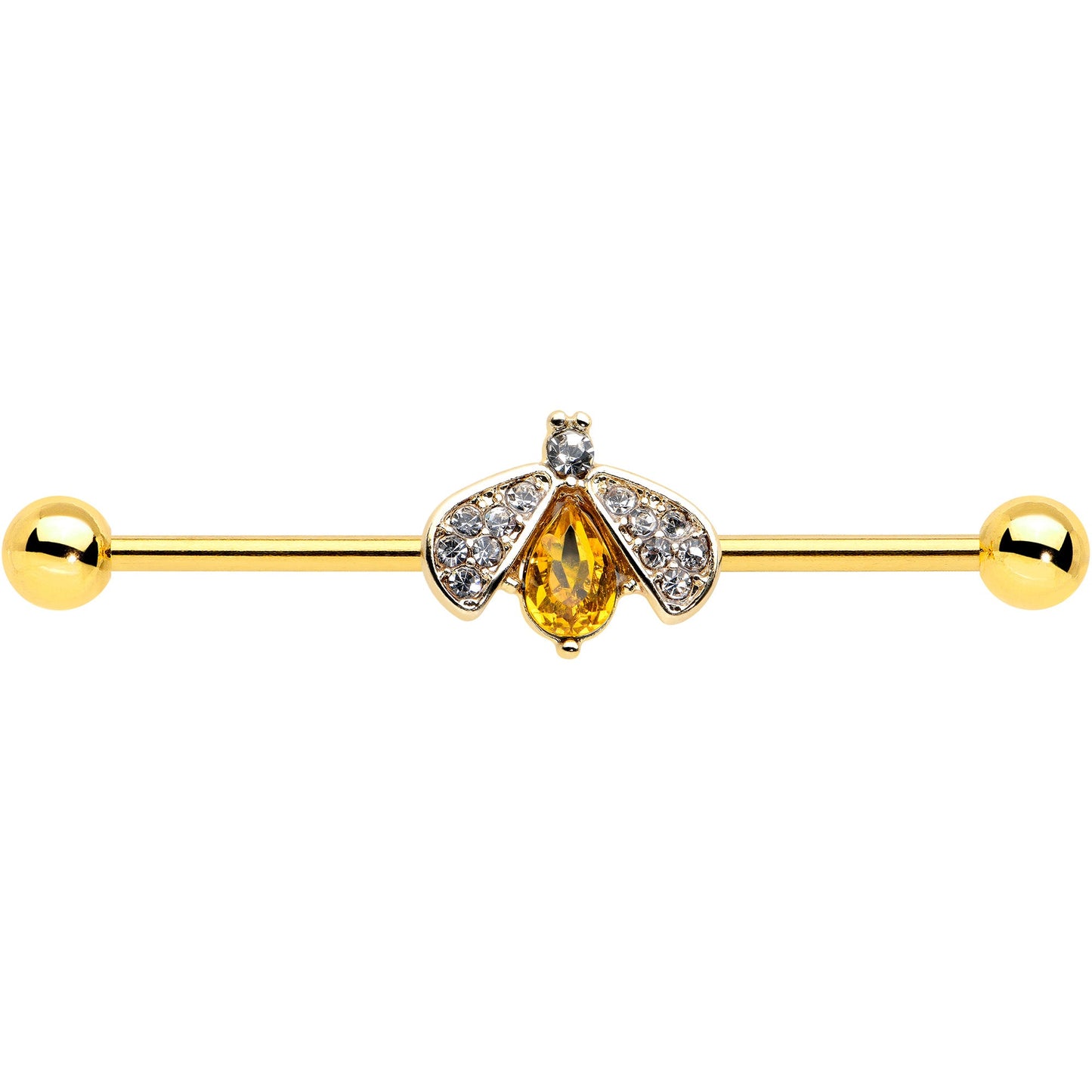 14G Clear Yellow Gem Gold Tone Style Bug Industrial Barbell 38mm