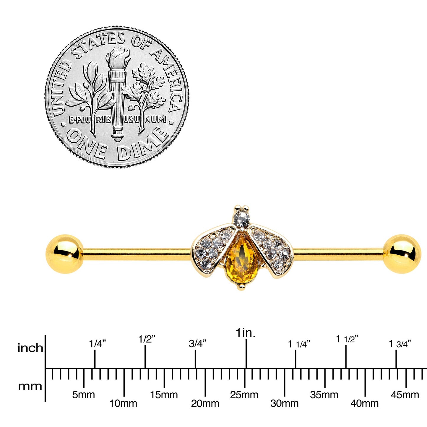 14G Clear Yellow Gem Gold Tone Style Bug Industrial Barbell 38mm