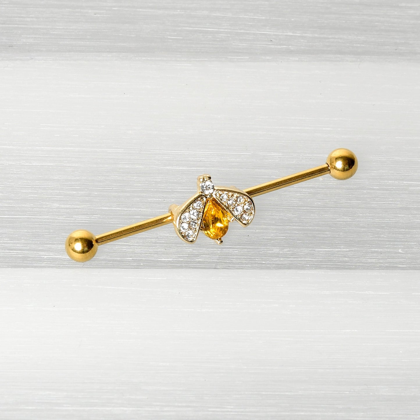 14G Clear Yellow Gem Gold Tone Style Bug Industrial Barbell 38mm