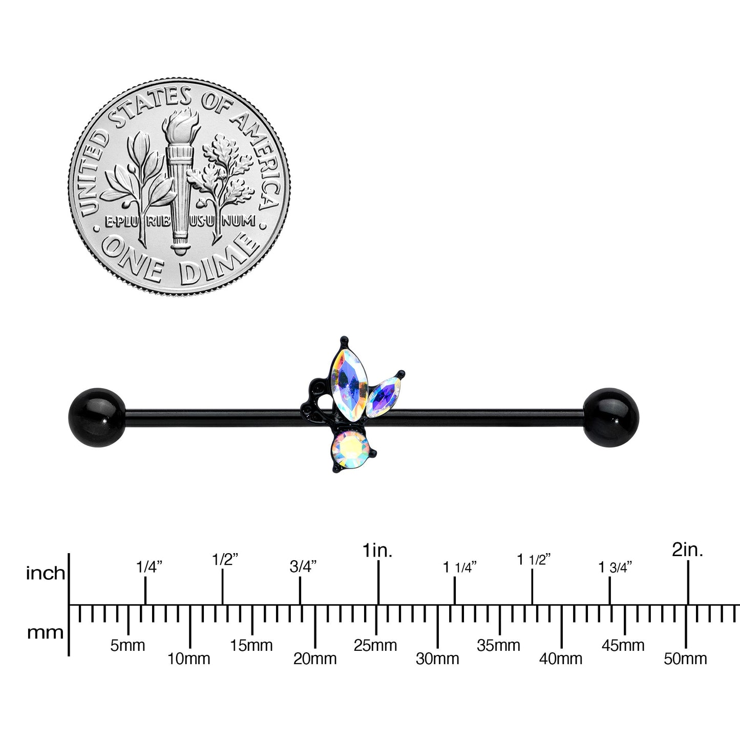 14G Aurora CZ Gem Black Fleur de Lis Butterfly Industrial Barbell 38mm