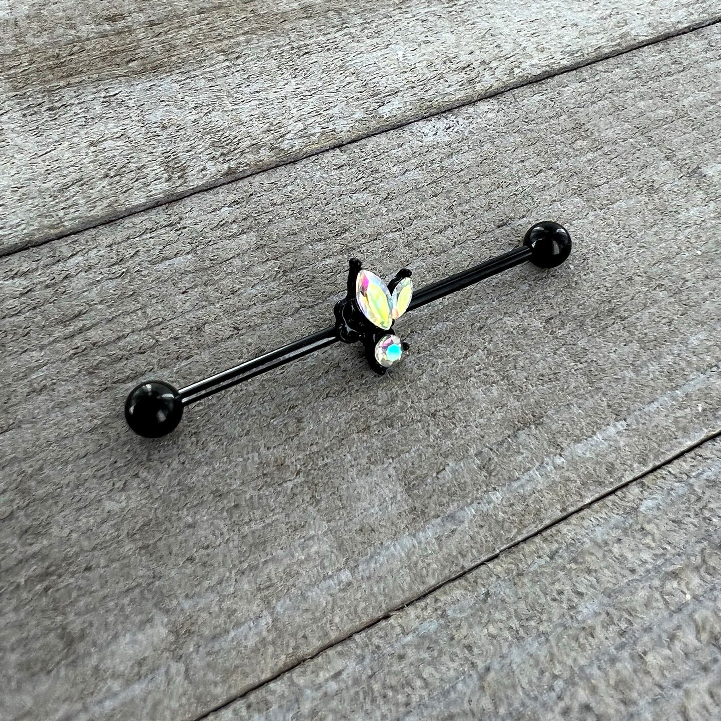 14G Aurora CZ Gem Black Fleur de Lis Butterfly Industrial Barbell 38mm