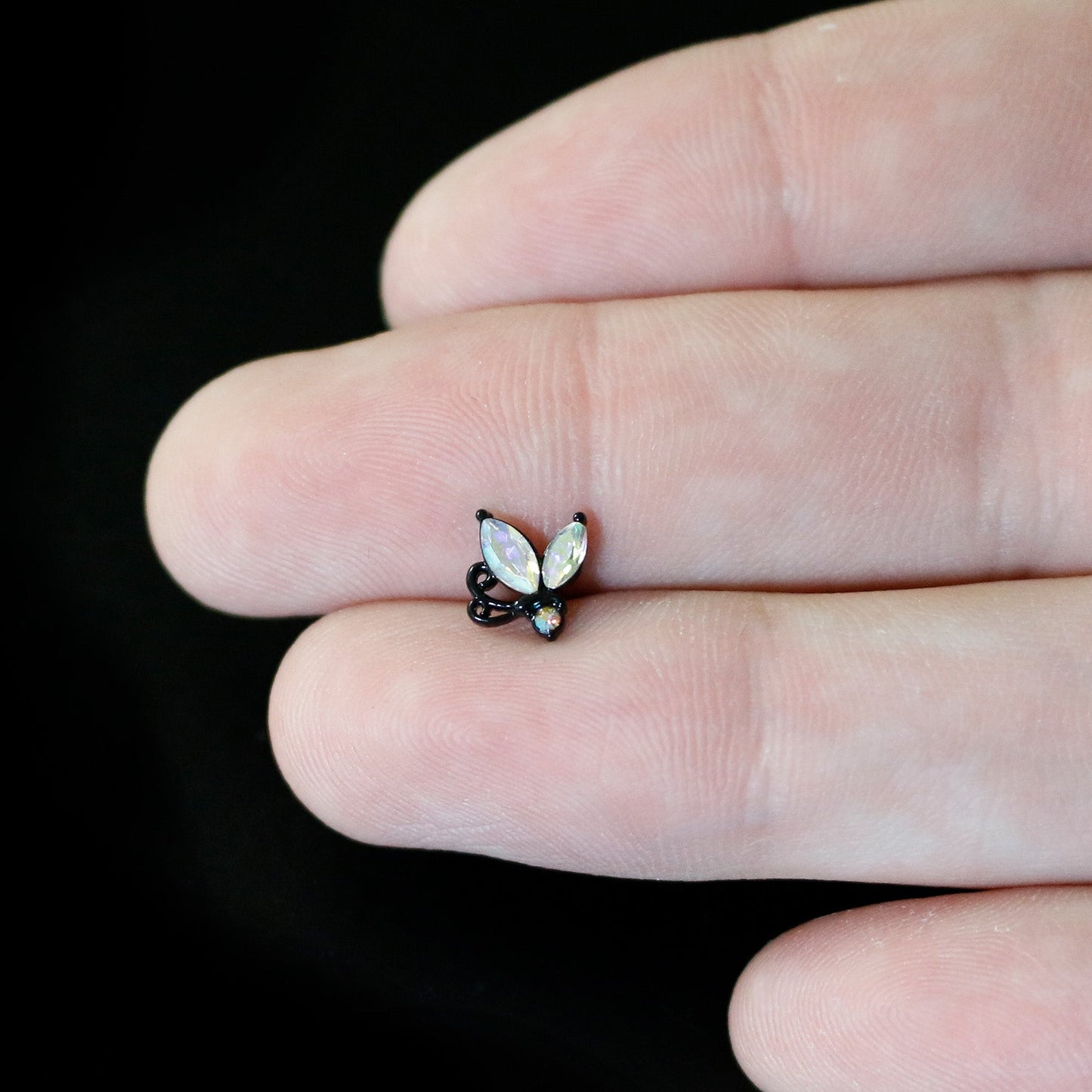 16G 1/4 Aurora CZ Gem Black Fleur de Lis Butterfly Cartilage Tragus Earring