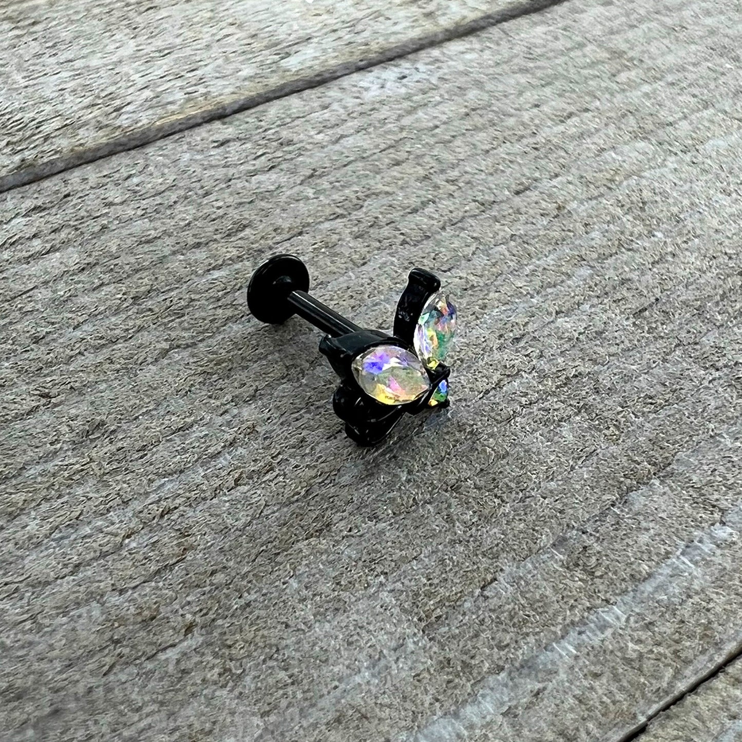 16G 5/16 Aurora CZ Gem Black Fleur de Lis Butterfly Labret Monroe Tragus