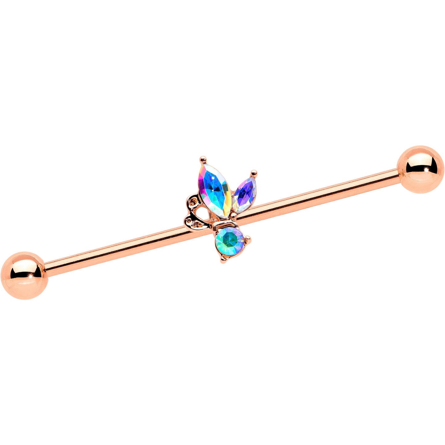 14G Aurora CZ Gem Rosy Tone Fleur de Lis Butterfly Industrial Barbell 38mm