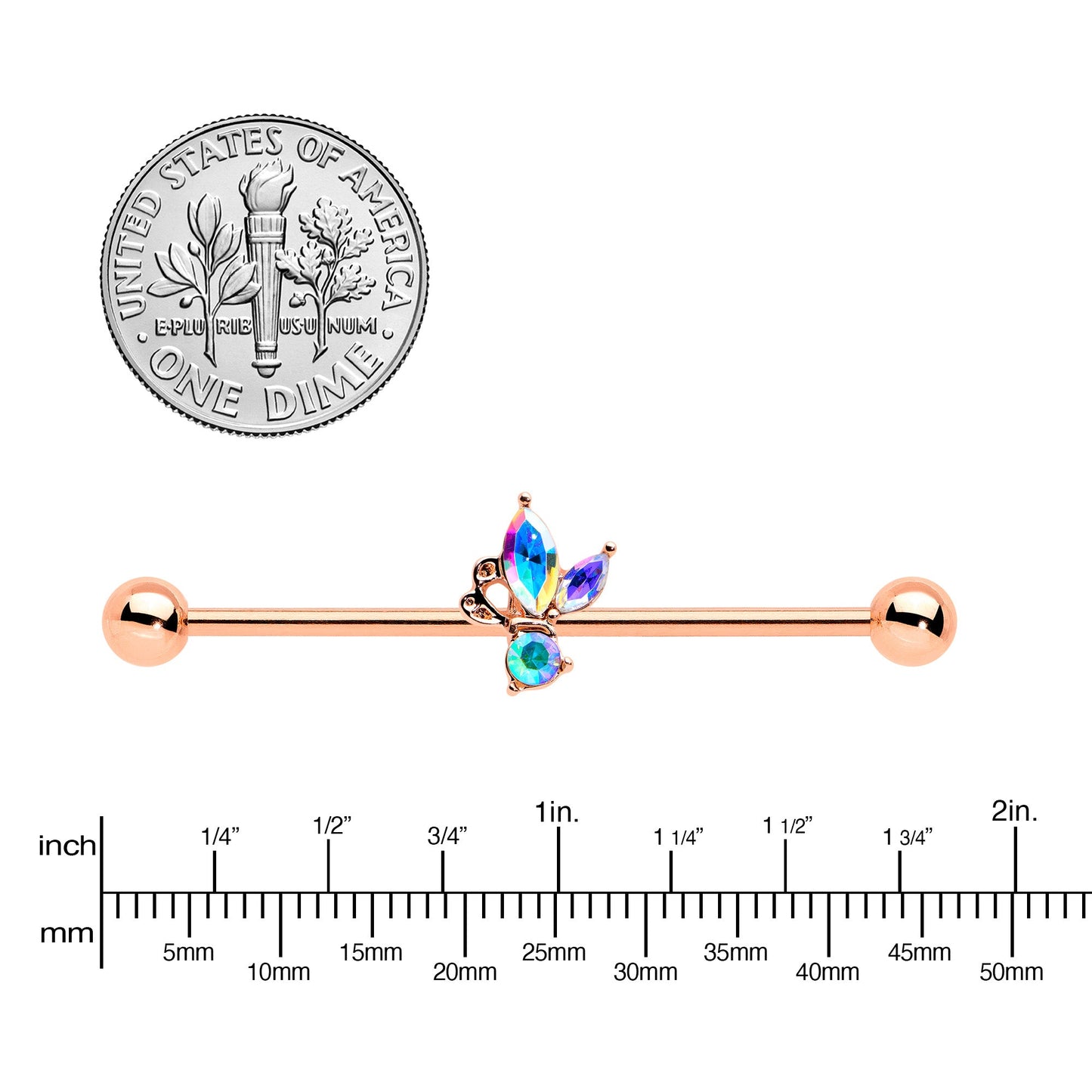 14G Aurora CZ Gem Rosy Tone Fleur de Lis Butterfly Industrial Barbell 38mm