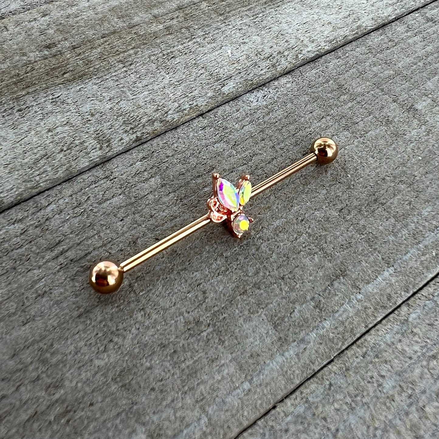 14G Aurora CZ Gem Rosy Tone Fleur de Lis Butterfly Industrial Barbell 38mm