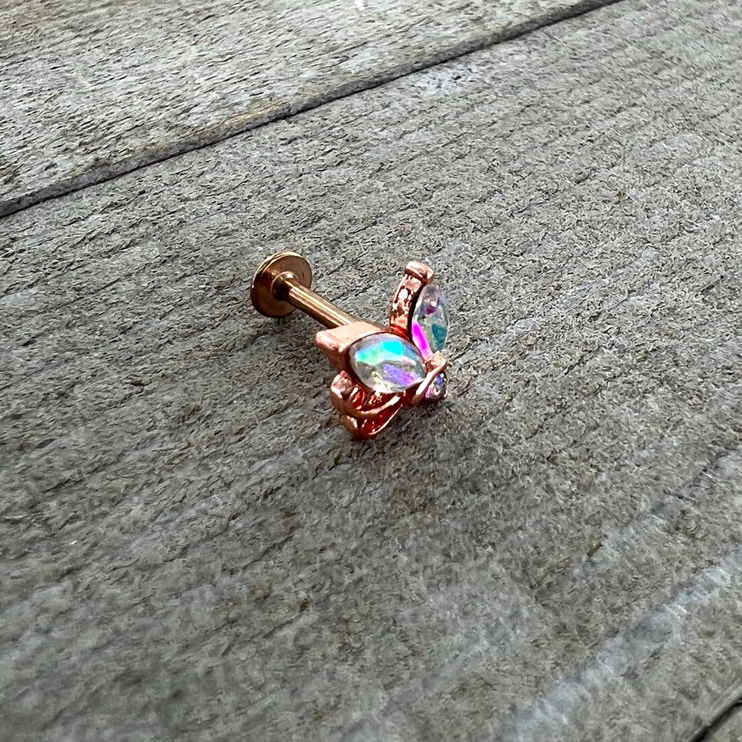 16G 5/16 Aurora CZ Gem Rosy Tone Fleur de Lis Butterfly Labret Monroe Tragus