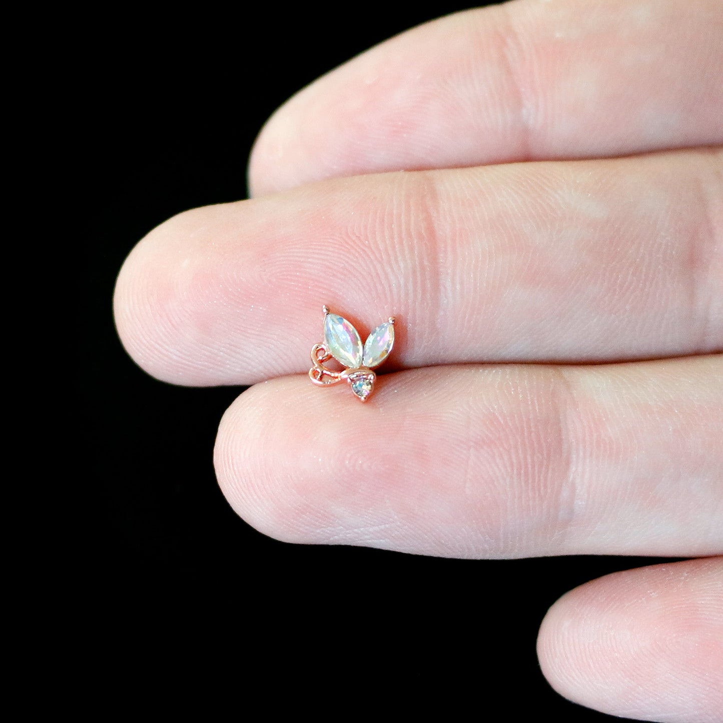 16G 5/16 Aurora CZ Gem Rosy Tone Fleur de Lis Butterfly Labret Monroe Tragus