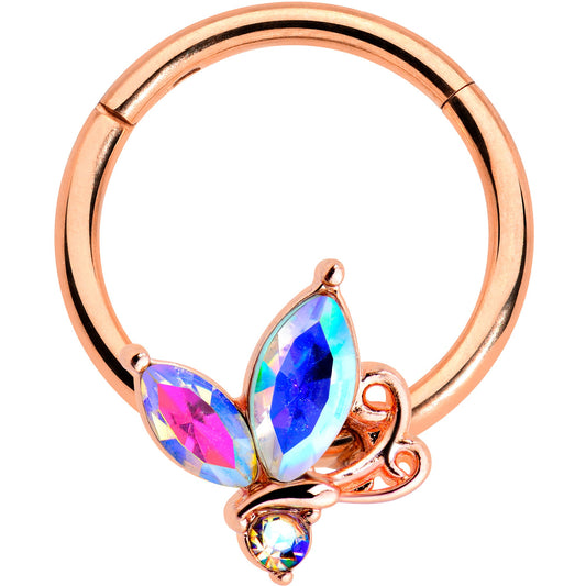 16G 3/8 Aurora CZ Gem Rosy Tone Fleur de Lis Butterfly Hinged Segment Ring