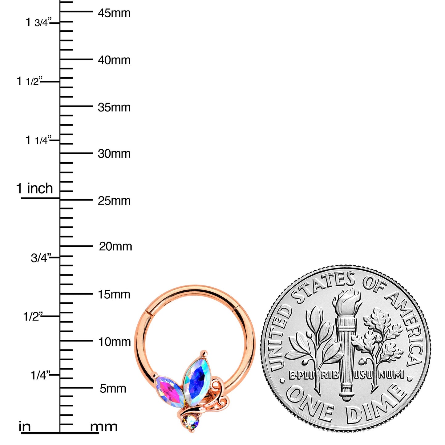 16G 3/8 Aurora CZ Gem Rosy Tone Fleur de Lis Butterfly Hinged Segment Ring