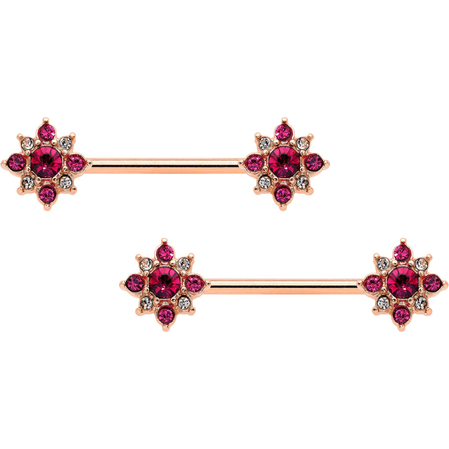 14G Red Gem Rose Gold Tone Rococo Star Barbell Nipple Ring Set